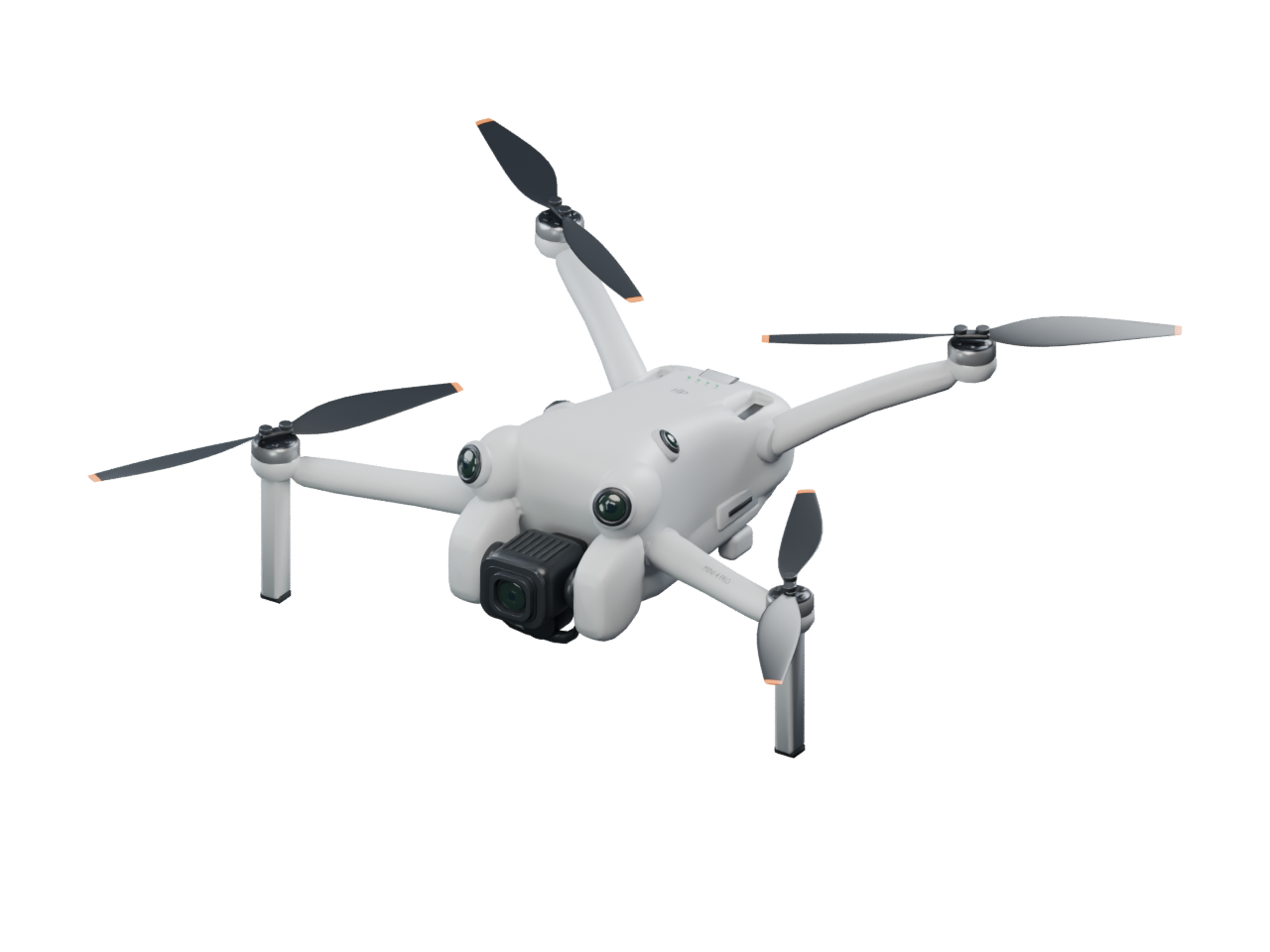 DJI Mini 4 Pro 3D model with unfolded arms and a single gimbal camera